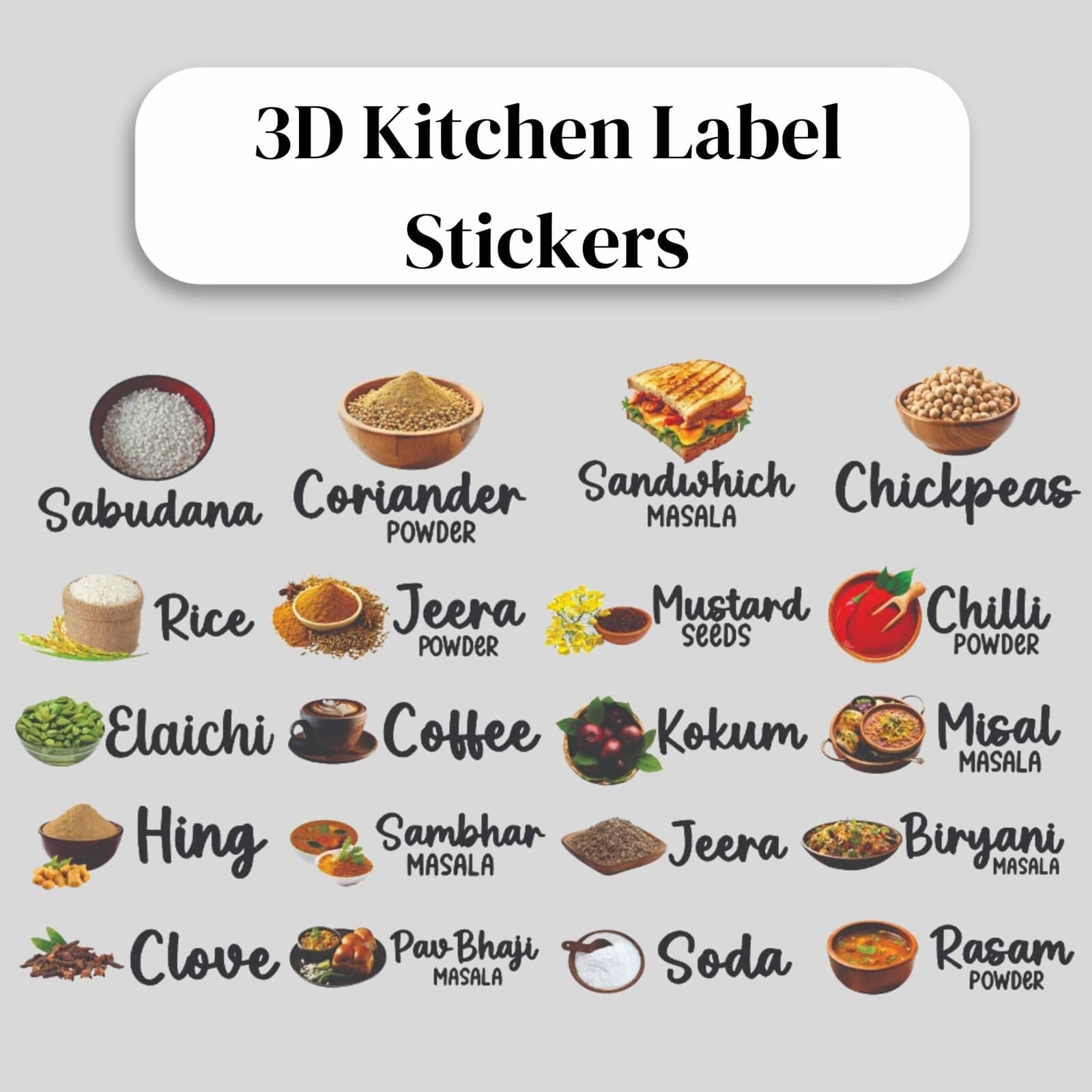 3D Kitchen Label Stickers (Set of 60 Stickers) 3D Kitchen Label Stickers (Set of 60 Stickers)