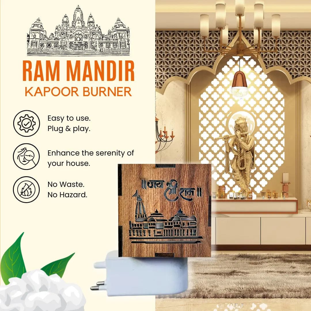 Kapoorflame™️ | Ayodhya Ram Mandir Wooden Temple Kapoor Dani Camphor Diffuser KapoorFlame™️ 3-in-1 Ayodhya Ram Mandir Electric Aroma Burner & Night lamp Zaavio®