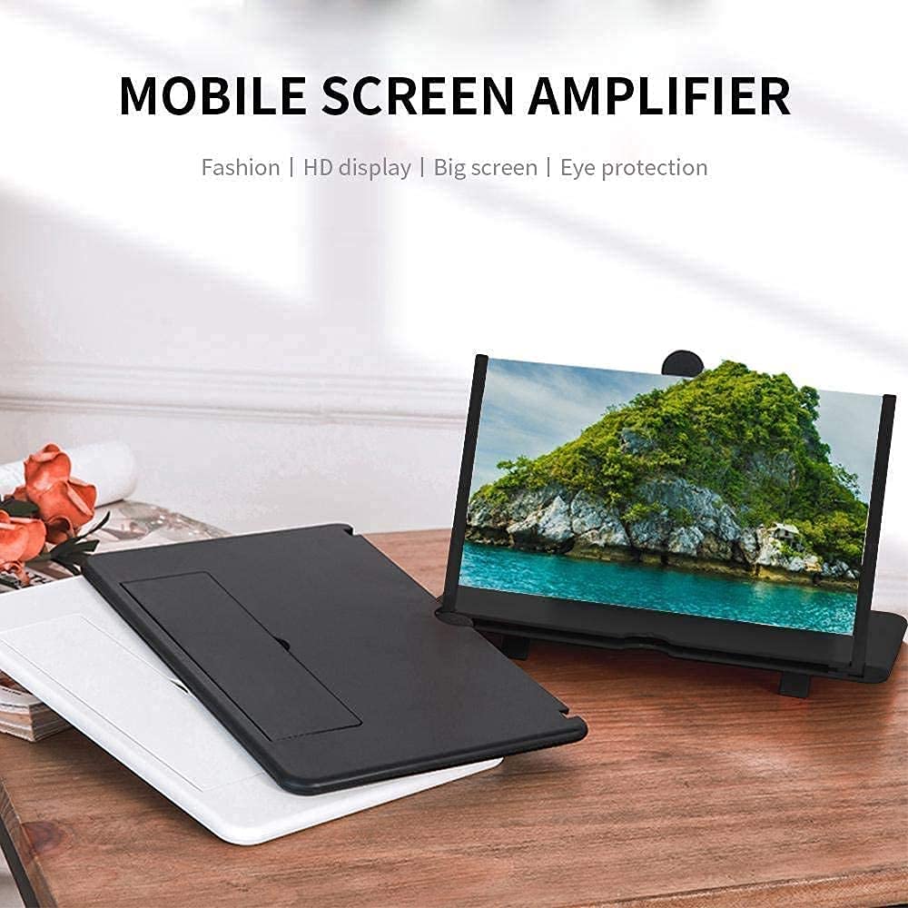 Magnifone screen enlarger amplifying a phone on a wooden desk