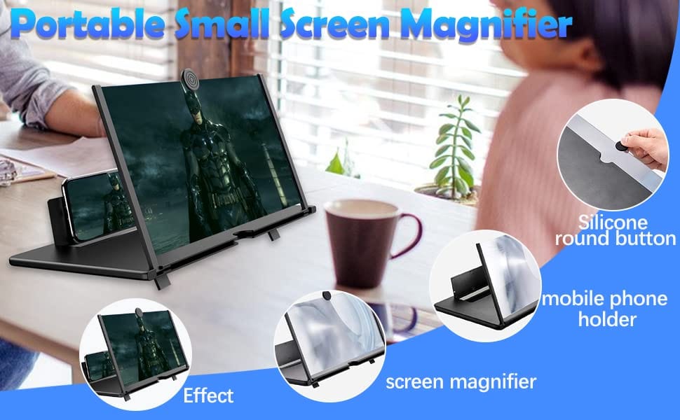 Magnifone screen enlarger in use on a work desk with phone holder