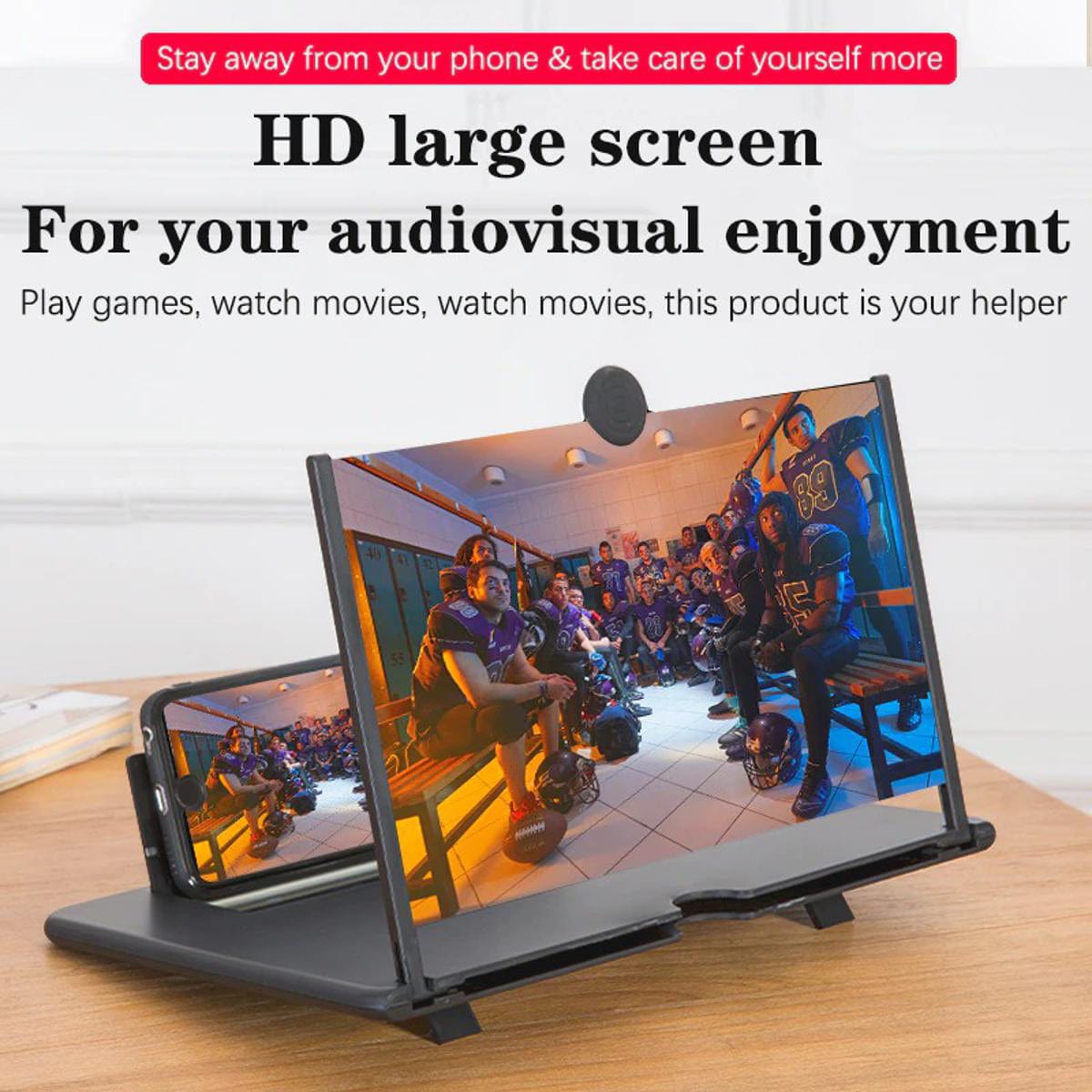 Magnifone phone screen enlarger showing an HD large screen movie