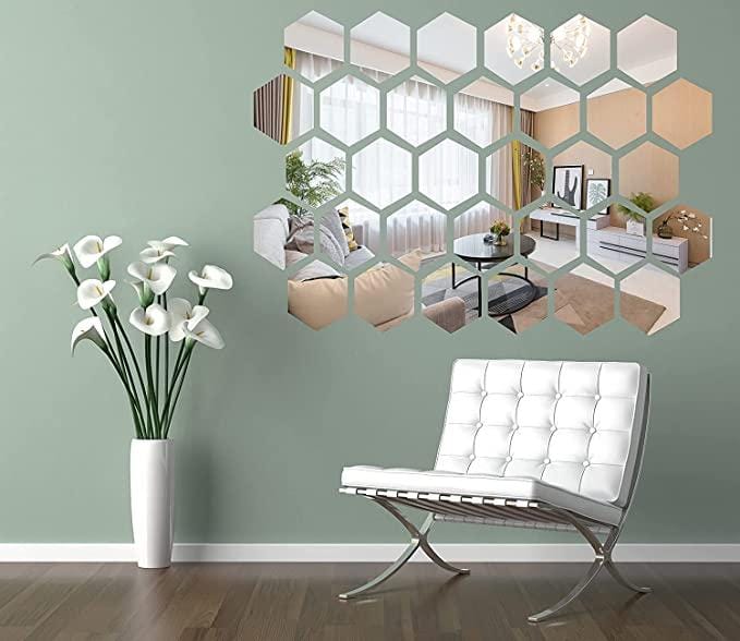Mirror wall stickers for living room 3d hexagon mirror - 3D Hexagon Mirror Stickers 3D Hexagon Mirror Stickers (Silver 12 pcs)