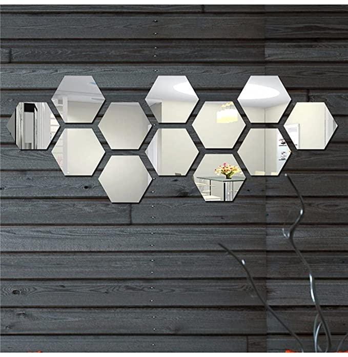 Mirror wall stickers for living room 3d hexagon mirror - 3D Hexagon Mirror Stickers 3D Hexagon Mirror Stickers (Silver 12 pcs)