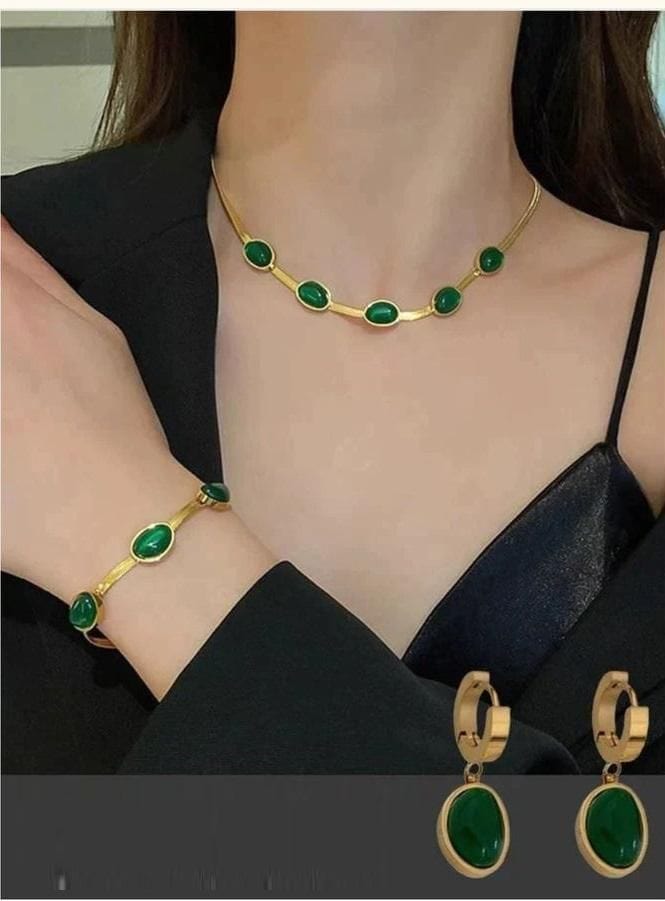 Necklace Set Pendant Long Stone Silver Necklace Oval Green Set with Bracelet Necklace Set with Bracelet Oval Green Crystal Pendant Necklace Set with Bracelet