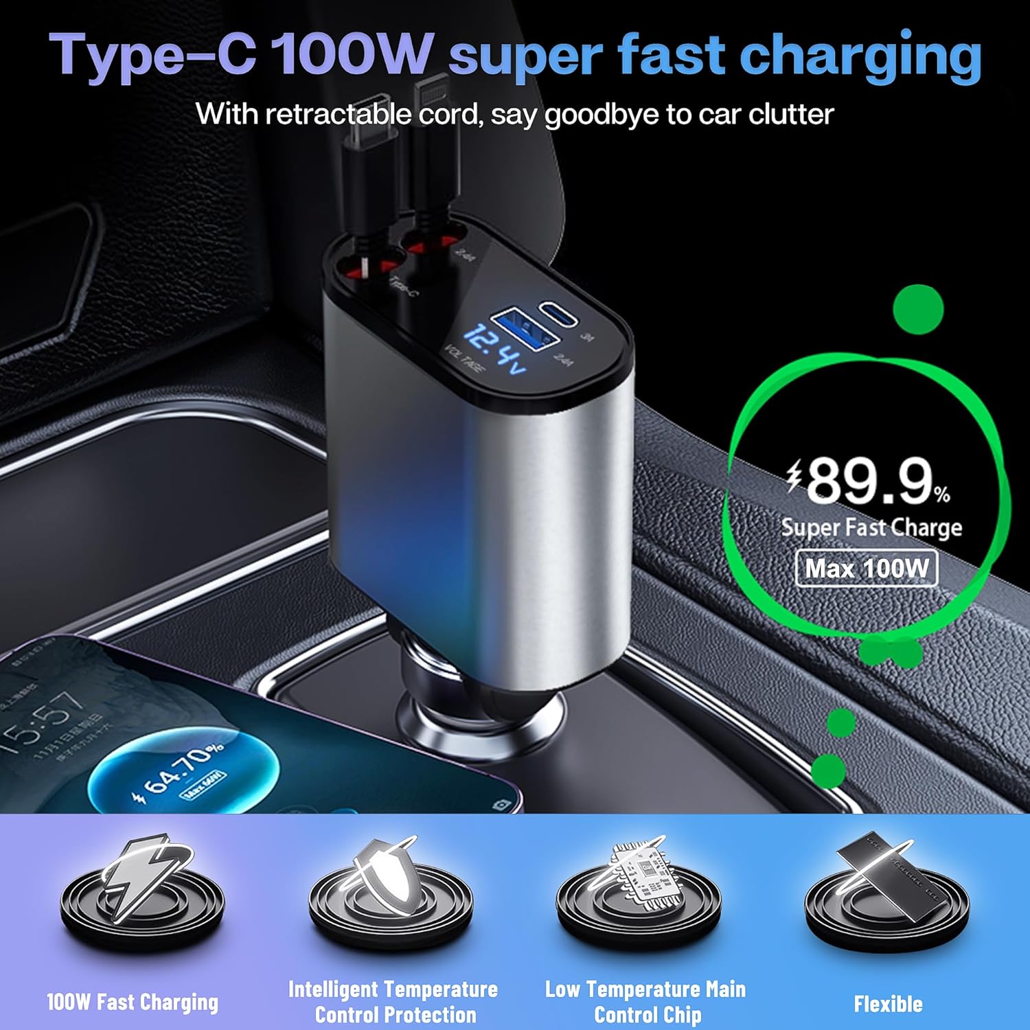 Poweroxy™ | Car Charger Type C Usb Charger Adapter Automobile Charger For Car Poweroxy™️Retractable Car Charger Zaavio®