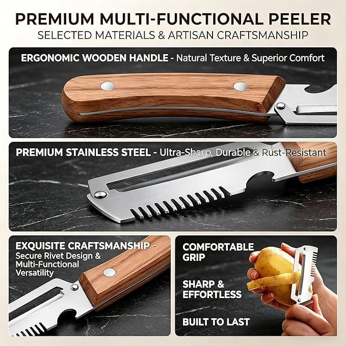 3-in-1 Multifunctional Peeler with Bottle Opener & Wooden Handle 3-in-1 Multifunctional Peeler with Bottle Opener & Wooden Handle