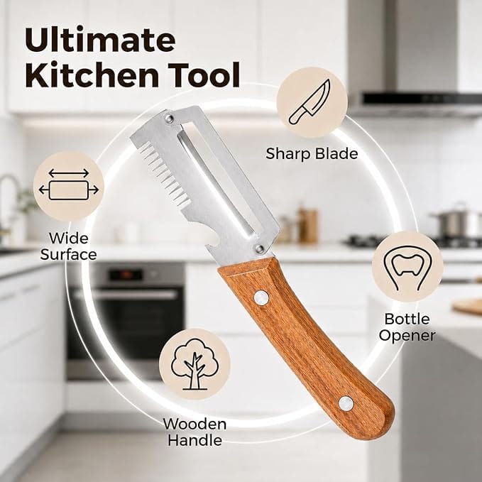 3-in-1 Multifunctional Peeler with Bottle Opener & Wooden Handle 3-in-1 Multifunctional Peeler with Bottle Opener & Wooden Handle