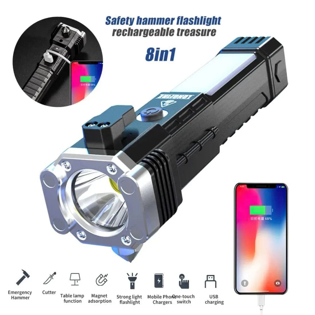 Emergency LED Flashlights With Power Bank And Safety Hammer | Torch Light Emergency Rechargeable Flash Charging Led Light Emergency LED Flashlights With Power Bank And Safety Hammer Zaavio®
