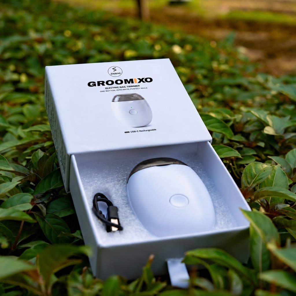 Groomixo baby nail trimmer unboxed on garden leaves