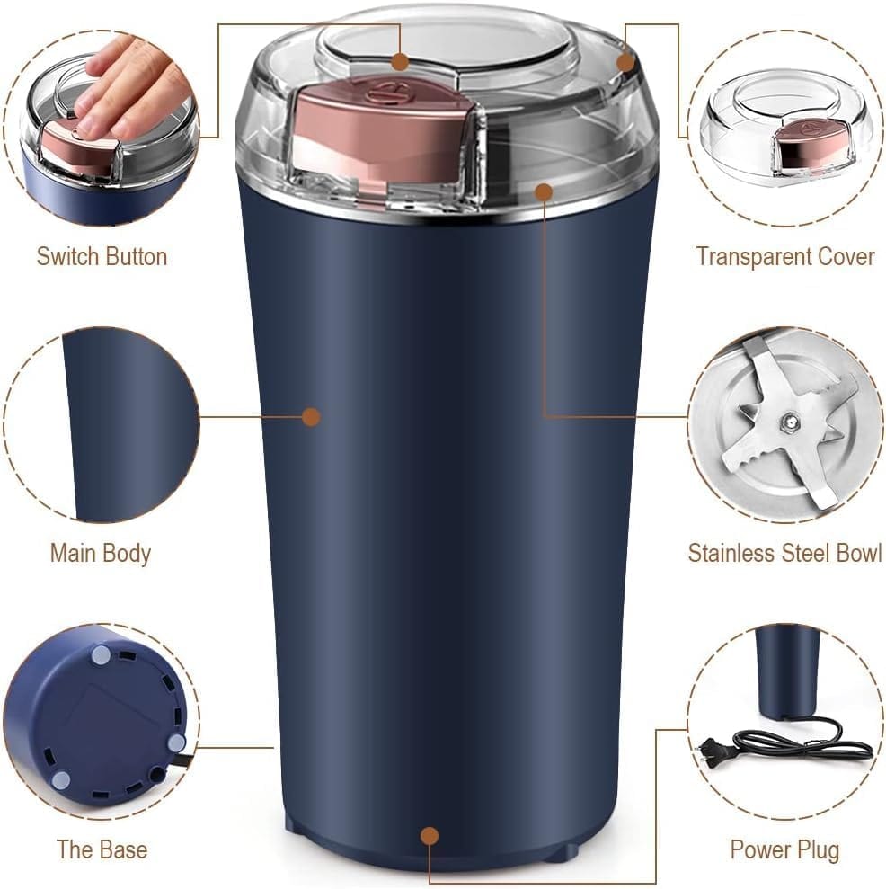 Portable Spice & Coffee Grinder Portable Grinder with Powerful Stainless Steel Blades – One-Touch Quick Grinding for Masala, Spices, Nuts, Grains & Coffee