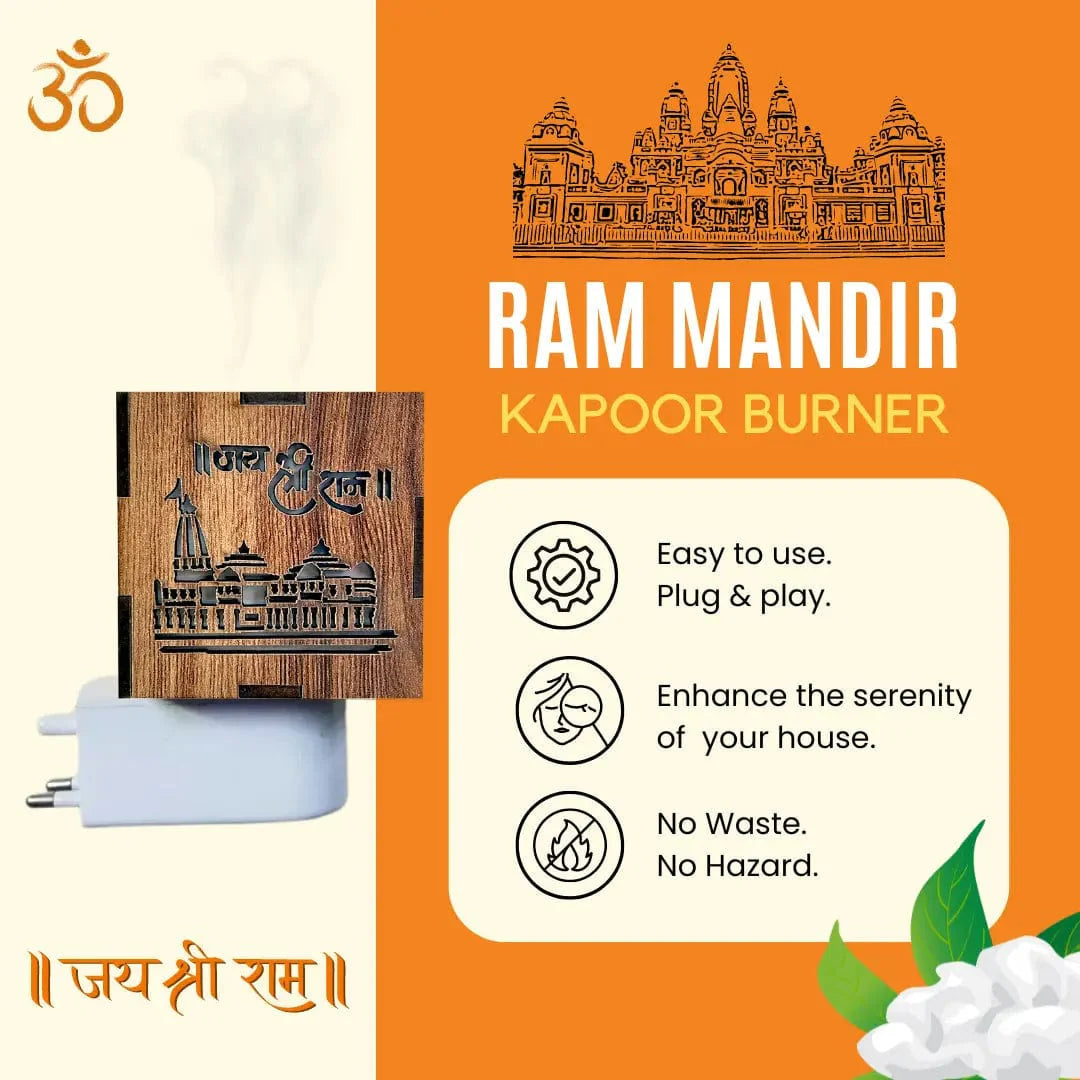 Ram Mandir Kapoor Burner | Ayodhya Ram Mandir Wooden Temple Kapoor Dani Camphor Diffuser - Pack of 1 - 3-in-1 Ayodhya Ram Mandir Electric Aroma Burner & Night lamp