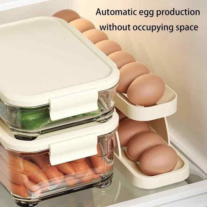 Storage Box Plastic Container Egg Box Holder Tray For Fridge- Automatically Rolling Egg Holder Container Display Rack Automatically Rolling Egg Holder